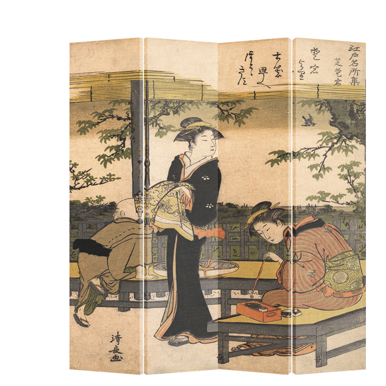 Oriental Room Divider Paravent 4 Panel Japanese Women Kimono Calligraphy Kiyonaga